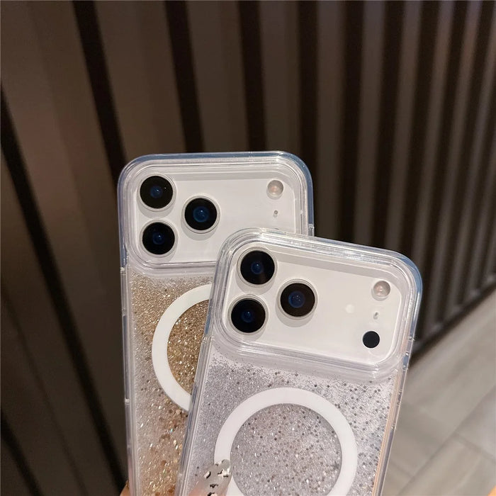 For iPhone 17 Pro Max Case Compatible with MagSafe Flowing Quicksands Sparkle PC + TPU Phone Cover - Golden Polka Dots - 7