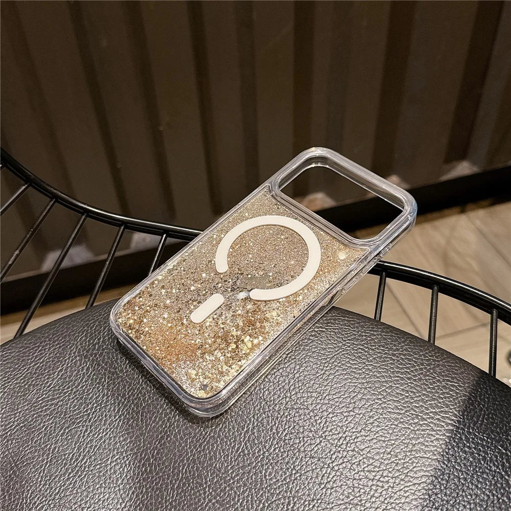 For iPhone 17 Pro Case Compatible with MagSafe Flowing Quicksands Sparkle PC + TPU Phone Cover - Golden Polka Dots - 3