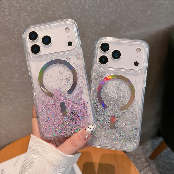 For iPhone 17 Pro Case Compatible with MagSafe Quicksand Beads PC + TPU Phone Cover - Purple - 7