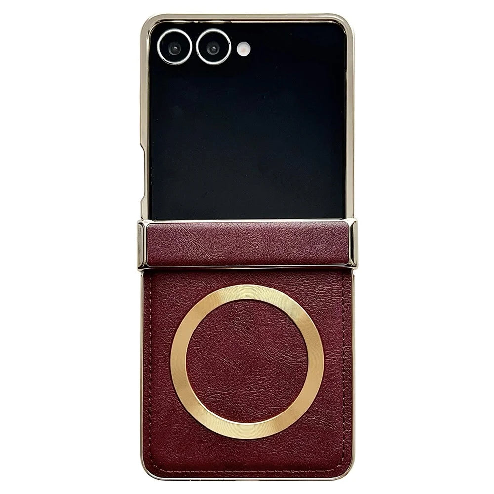 For Samsung Galaxy Z Flip7 5G Magnetic Case Leather + PC Electroplated Folding Phone Cover - Wine Red - 1