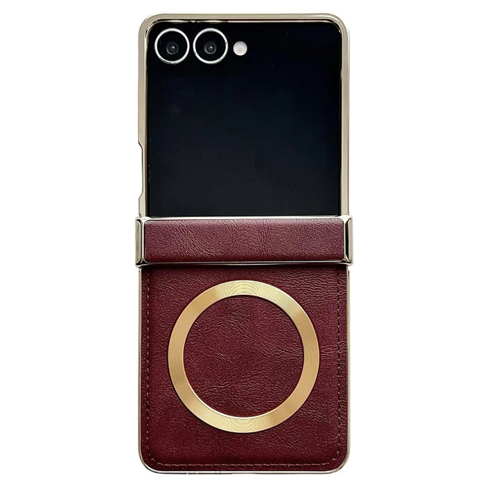 For Samsung Galaxy Z Flip7 5G Magnetic Case Leather + PC Electroplated Folding Phone Cover - Wine Red - 1