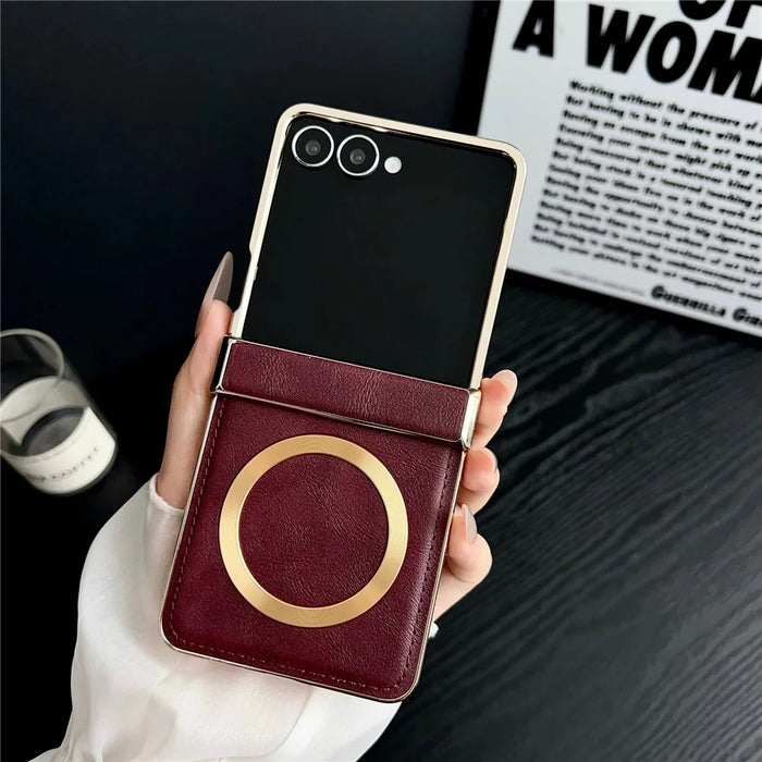 For Samsung Galaxy Z Flip7 5G Magnetic Case Leather + PC Electroplated Folding Phone Cover - Wine Red - 2