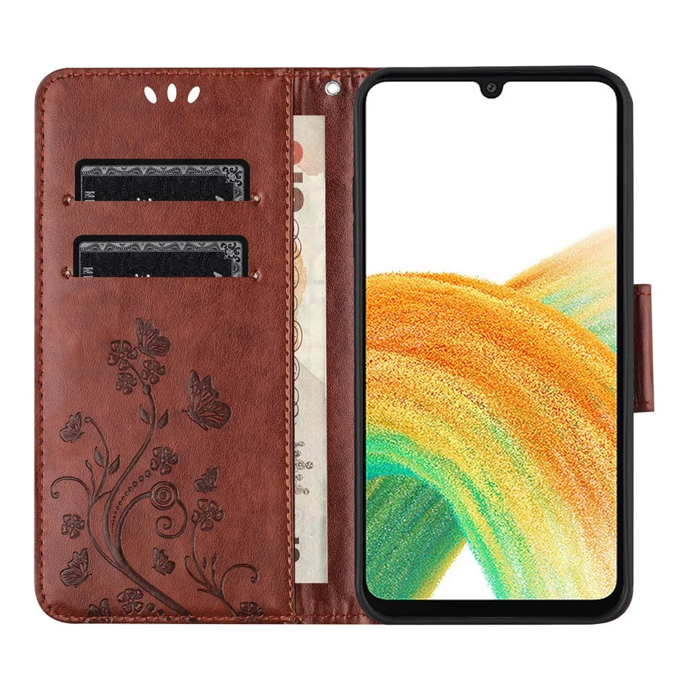 For Samsung Galaxy A18 5G /  A17 4G / 5G Leather Wallet Case Butterfly Flower Imprinted Phone Cover with Strap - Brown - 2