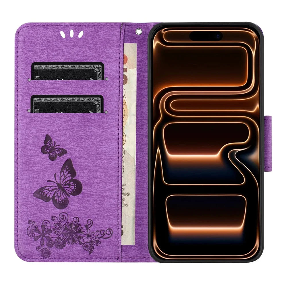 For iPhone 17 Pro Case Butterflies Flower Leather Wallet Flip Phone Cover - Purple - 2