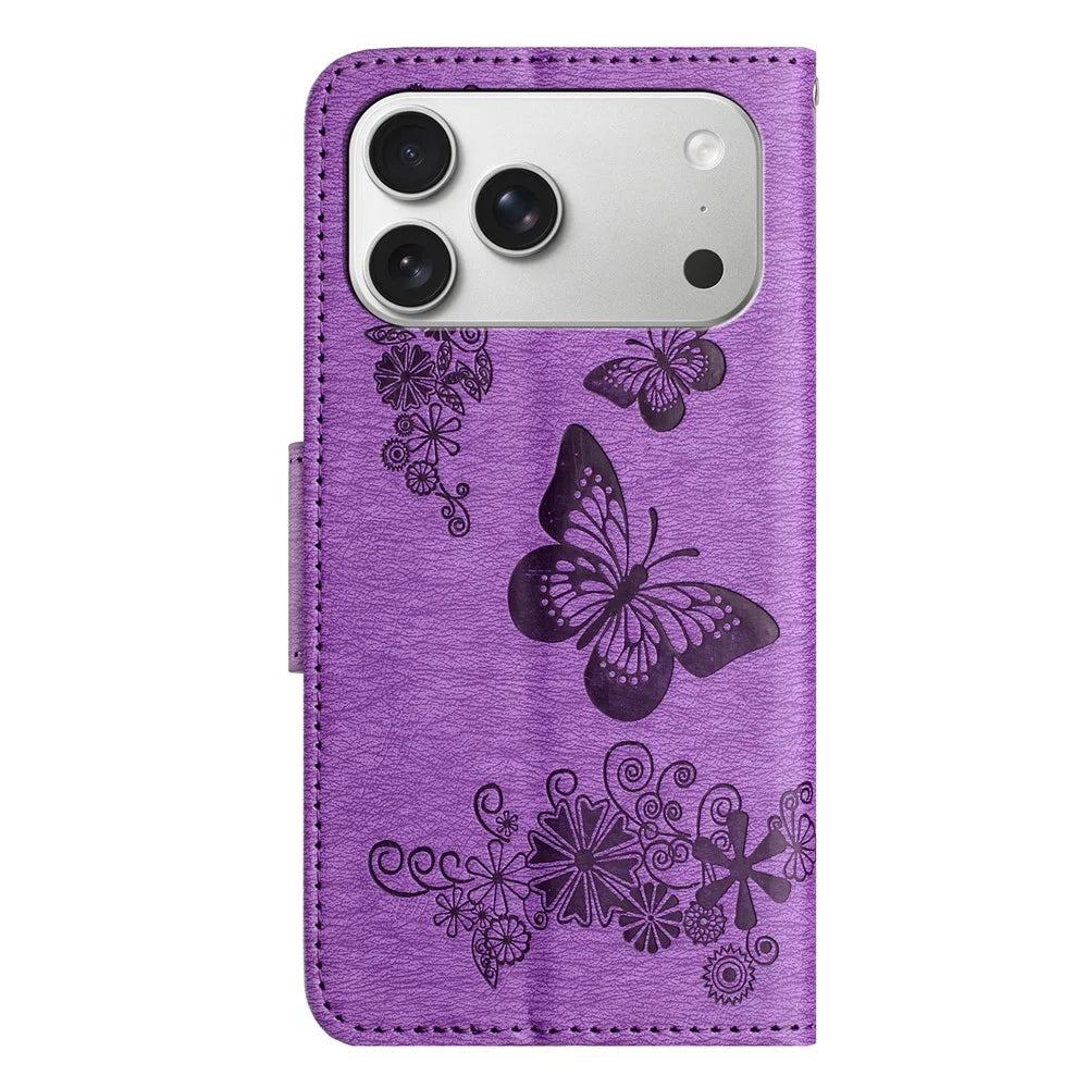 For iPhone 17 Pro Case Butterflies Flower Leather Wallet Flip Phone Cover - Purple - 7