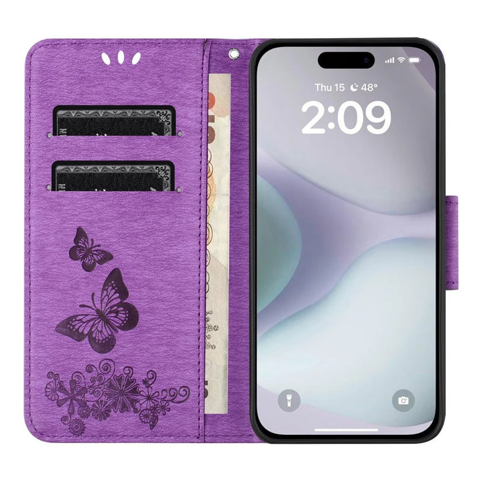 For iPhone 17 Case Butterflies Flower Leather Wallet Flip Phone Cover - Purple - 2
