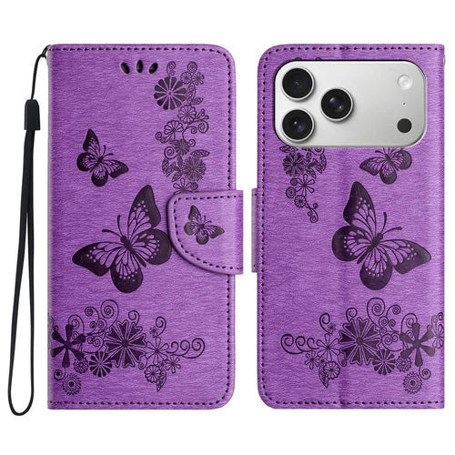 For iPhone 17 Pro Max Case Butterflies Flower Leather Wallet Flip Phone Cover - Purple - 1
