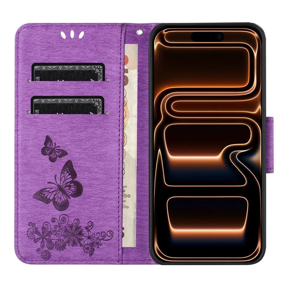 For iPhone 17 Pro Max Case Butterflies Flower Leather Wallet Flip Phone Cover - Purple - 2