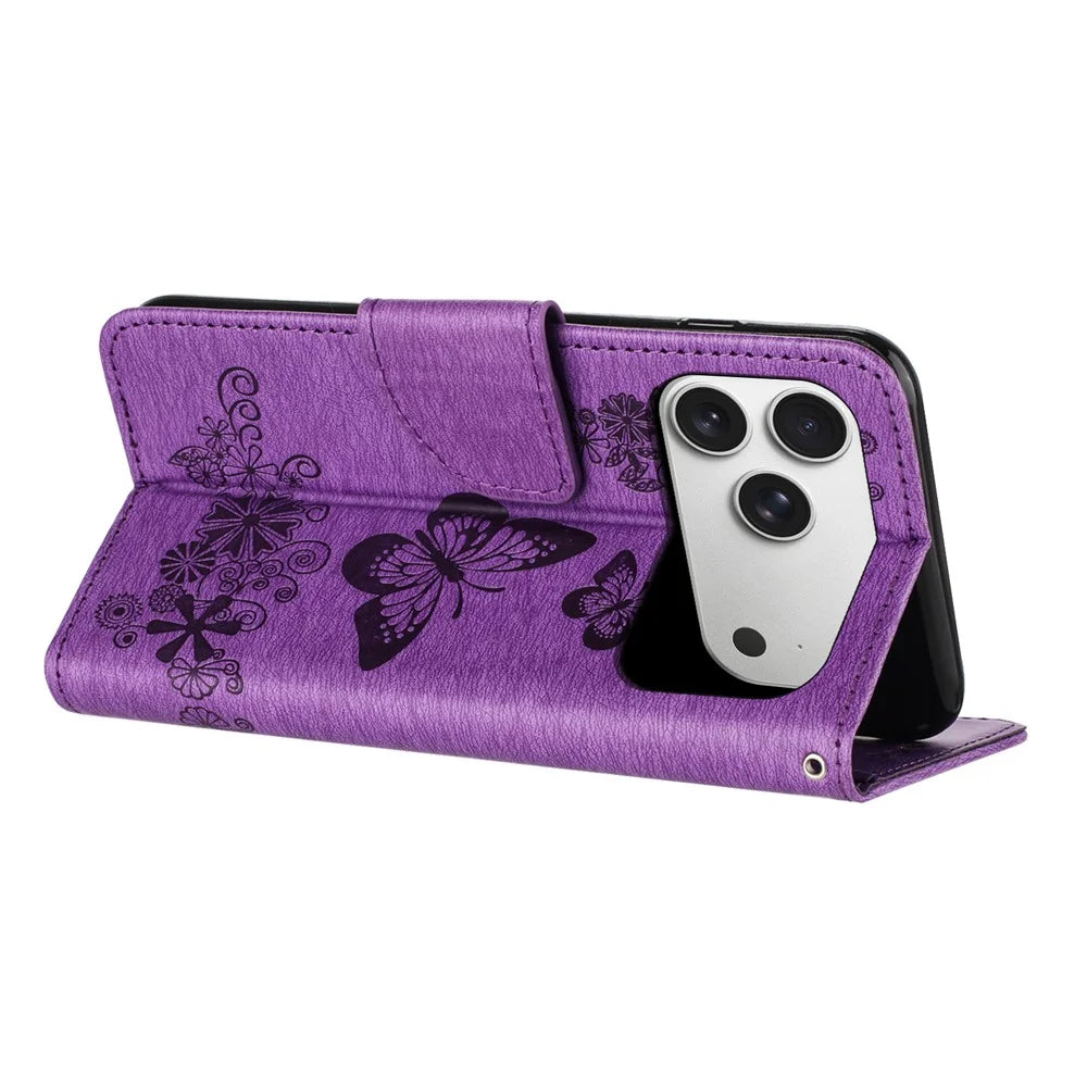 For iPhone 17 Pro Max Case Butterflies Flower Leather Wallet Flip Phone Cover - Purple - 4