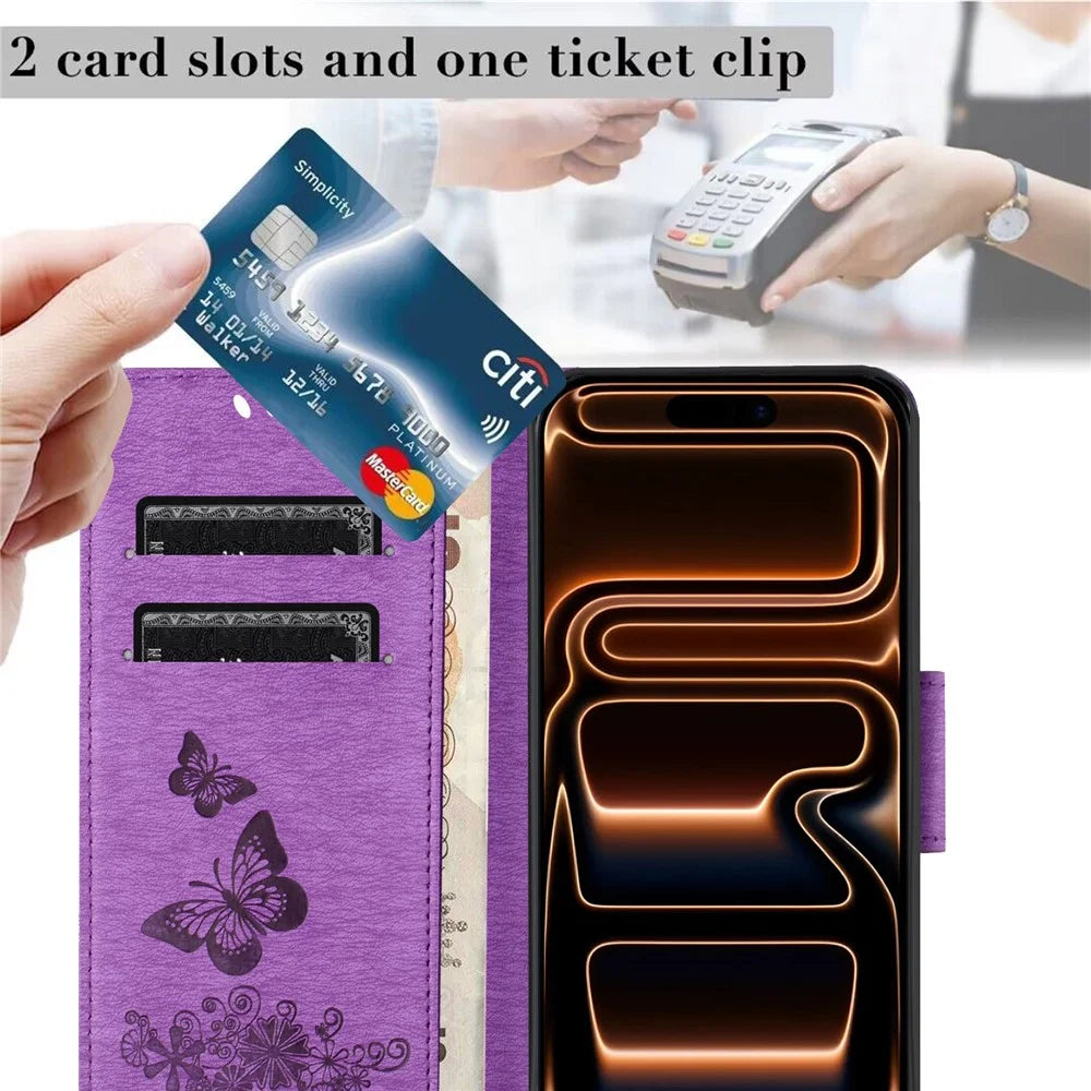 For iPhone 17 Pro Max Case Butterflies Flower Leather Wallet Flip Phone Cover - Purple - 5