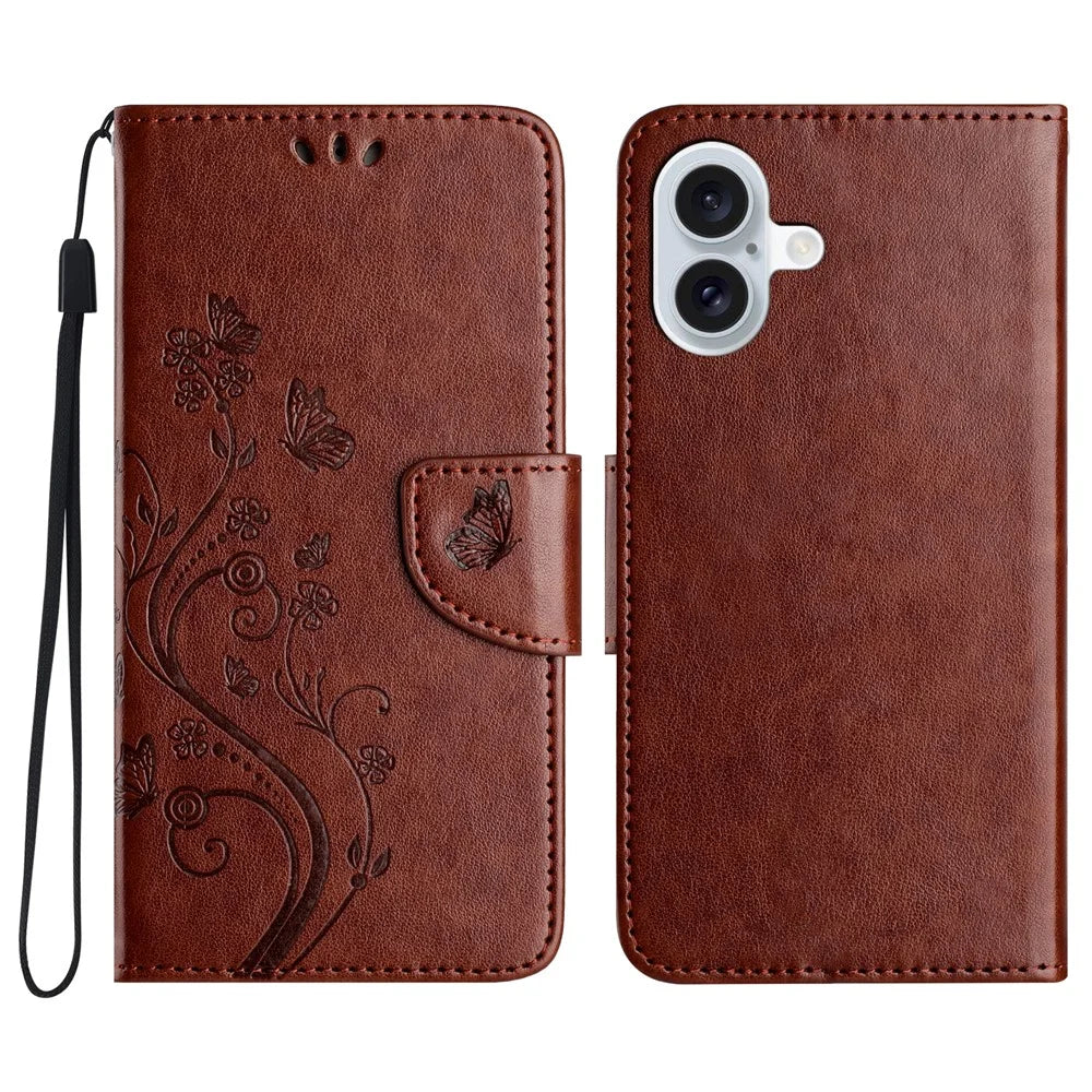 For iPhone 17 Case Imprinted Mini Butterfly Leather Wallet Phone Cover - Brown - 1