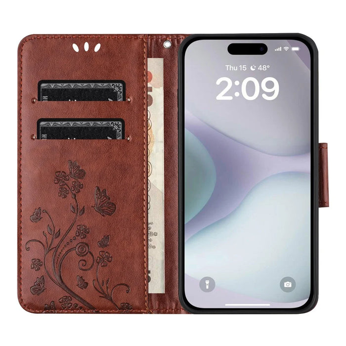 For iPhone 17 Case Imprinted Mini Butterfly Leather Wallet Phone Cover - Brown - 2