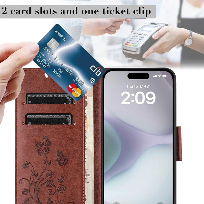 For iPhone 17 Case Imprinted Mini Butterfly Leather Wallet Phone Cover - Brown - 5