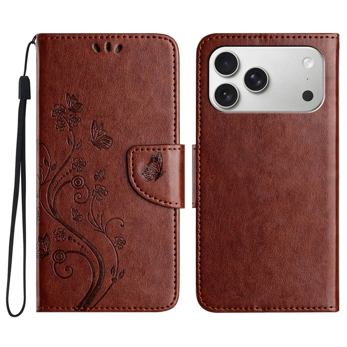 For iPhone 17 Pro Case Imprinted Mini Butterfly Leather Wallet Phone Cover - Brown - 1