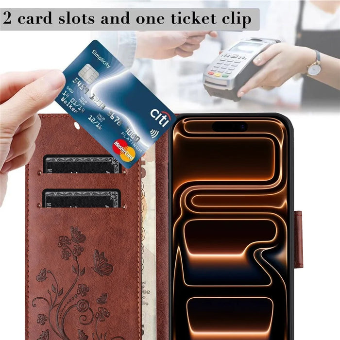 For iPhone 17 Pro Case Imprinted Mini Butterfly Leather Wallet Phone Cover - Brown - 5