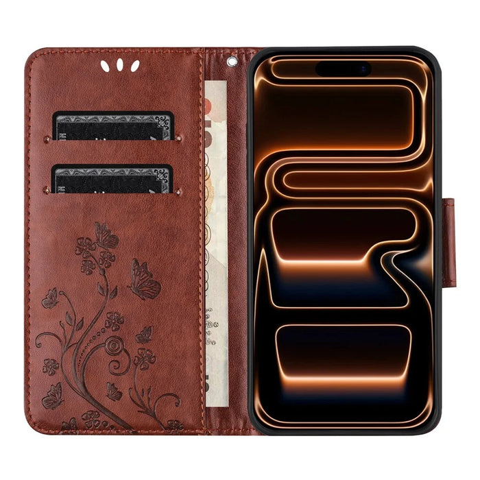 For iPhone 17 Pro Max Case Imprinted Mini Butterfly Leather Wallet Phone Cover - Brown - 2