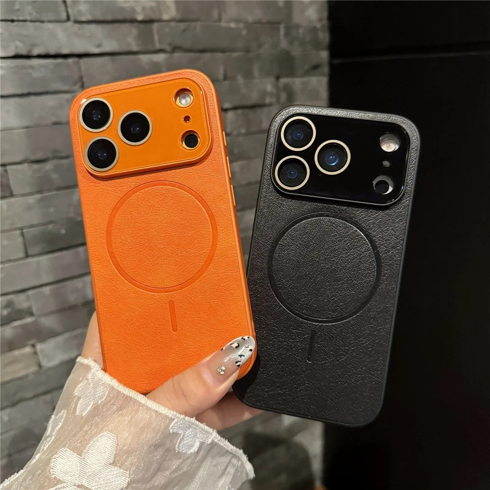 For iPhone 17 Pro Case PU Leather Coated PC TPU Phone Cover Compatible with MagSafe - Orange - 3
