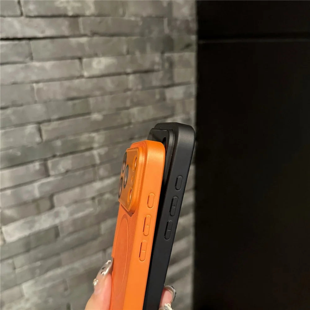 For iPhone 17 Pro Case PU Leather Coated PC TPU Phone Cover Compatible with MagSafe - Orange - 5