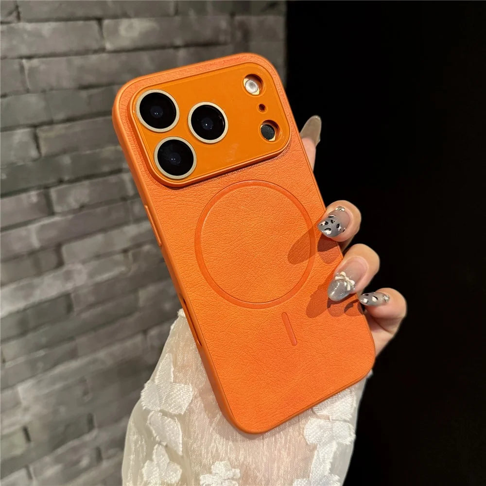 For iPhone 17 Pro Max Case PU Leather Coated PC TPU Phone Cover Compatible with MagSafe - Orange - 2