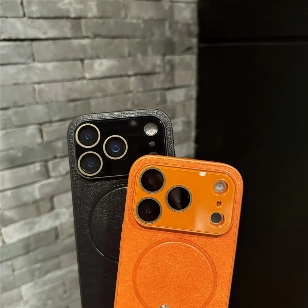 For iPhone 17 Pro Max Case PU Leather Coated PC TPU Phone Cover Compatible with MagSafe - Orange - 4