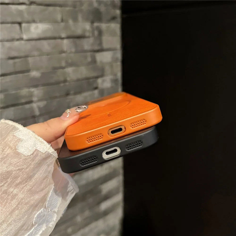 For iPhone 17 Pro Max Case PU Leather Coated PC TPU Phone Cover Compatible with MagSafe - Orange - 6
