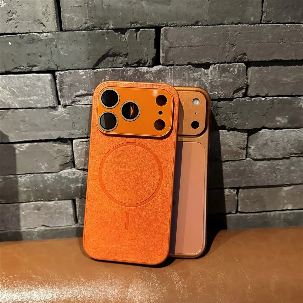 For iPhone 17 Pro Max Case PU Leather Coated PC TPU Phone Cover Compatible with MagSafe - Orange - 7
