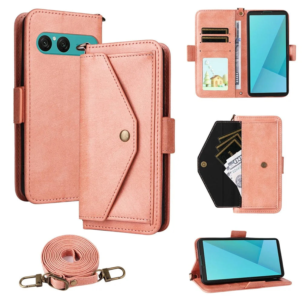 For Sony Xperia 10 VII Leather Case Magnetic Closure Wallet Stand Phone Cover with Crossbody Strap - Pink - 1
