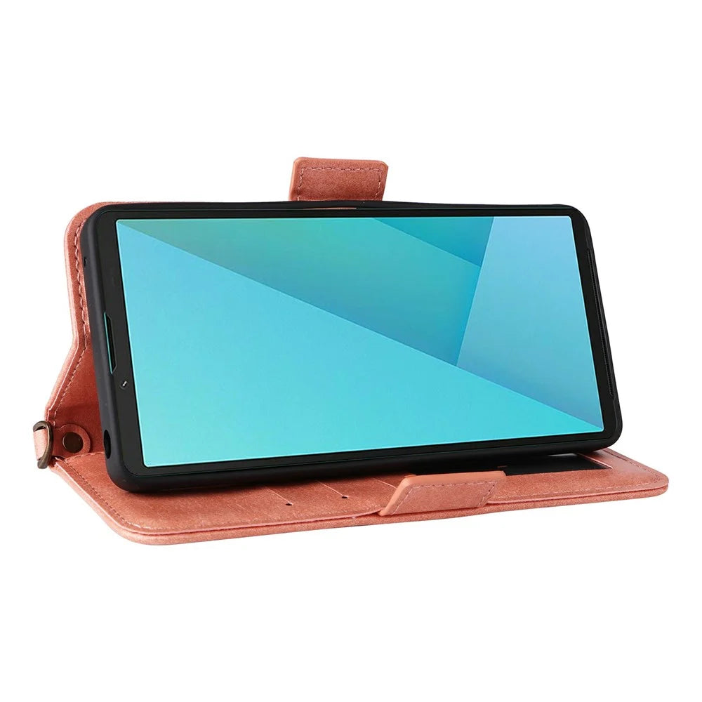 For Sony Xperia 10 VII Leather Case Magnetic Closure Wallet Stand Phone Cover with Crossbody Strap - Pink - 3