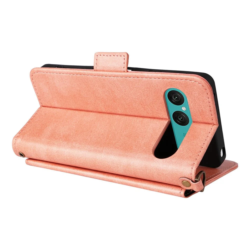 For Sony Xperia 10 VII Leather Case Magnetic Closure Wallet Stand Phone Cover with Crossbody Strap - Pink - 4