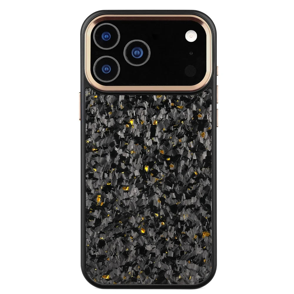 For iPhone 17 Pro Max Magnetic Case Forged Texture Aramid Fiber + TPU Phone Cover with Metal Lens Frame - Gold Lens Frame + Gold - 1