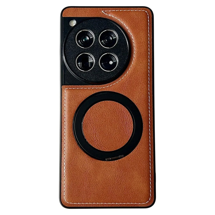 For OnePlus 12 5G Magnetic Case Calf Texture PU + TPU + PC Kickstand Phone Cover - Brown - 1