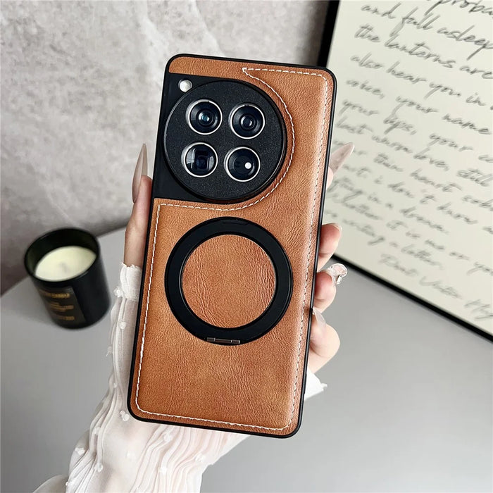 For OnePlus 12 5G Magnetic Case Calf Texture PU + TPU + PC Kickstand Phone Cover - Brown - 2