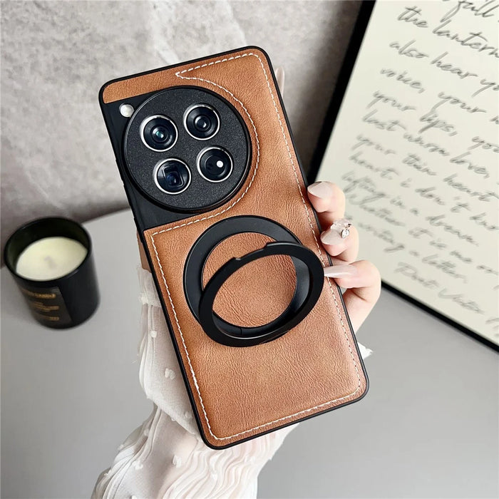 For OnePlus 12 5G Magnetic Case Calf Texture PU + TPU + PC Kickstand Phone Cover - Brown - 4