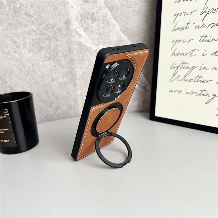 For OnePlus 12 5G Magnetic Case Calf Texture PU + TPU + PC Kickstand Phone Cover - Brown - 6
