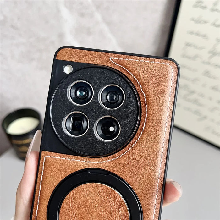 For OnePlus 12 5G Magnetic Case Calf Texture PU + TPU + PC Kickstand Phone Cover - Brown - 7