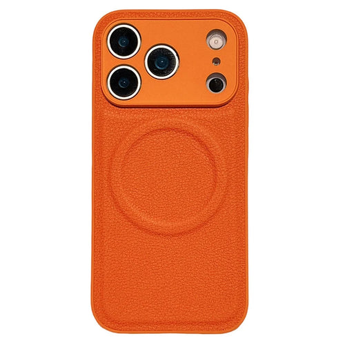 For iPhone 17 Pro Max Case Metal Lens Protection Leather Coated PC TPU Phone Cover Compatible with MagSafe - Orange - 1