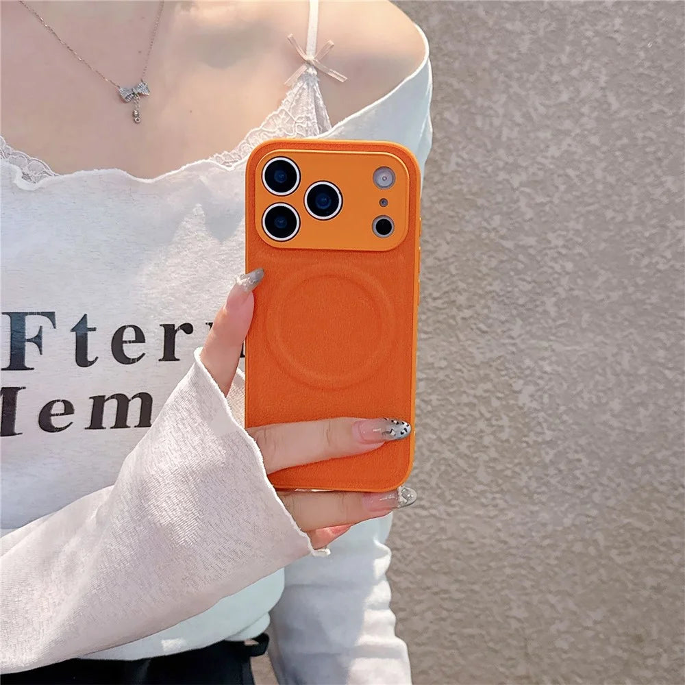 For iPhone 17 Pro Max Case Metal Lens Protection Leather Coated PC TPU Phone Cover Compatible with MagSafe - Orange - 2