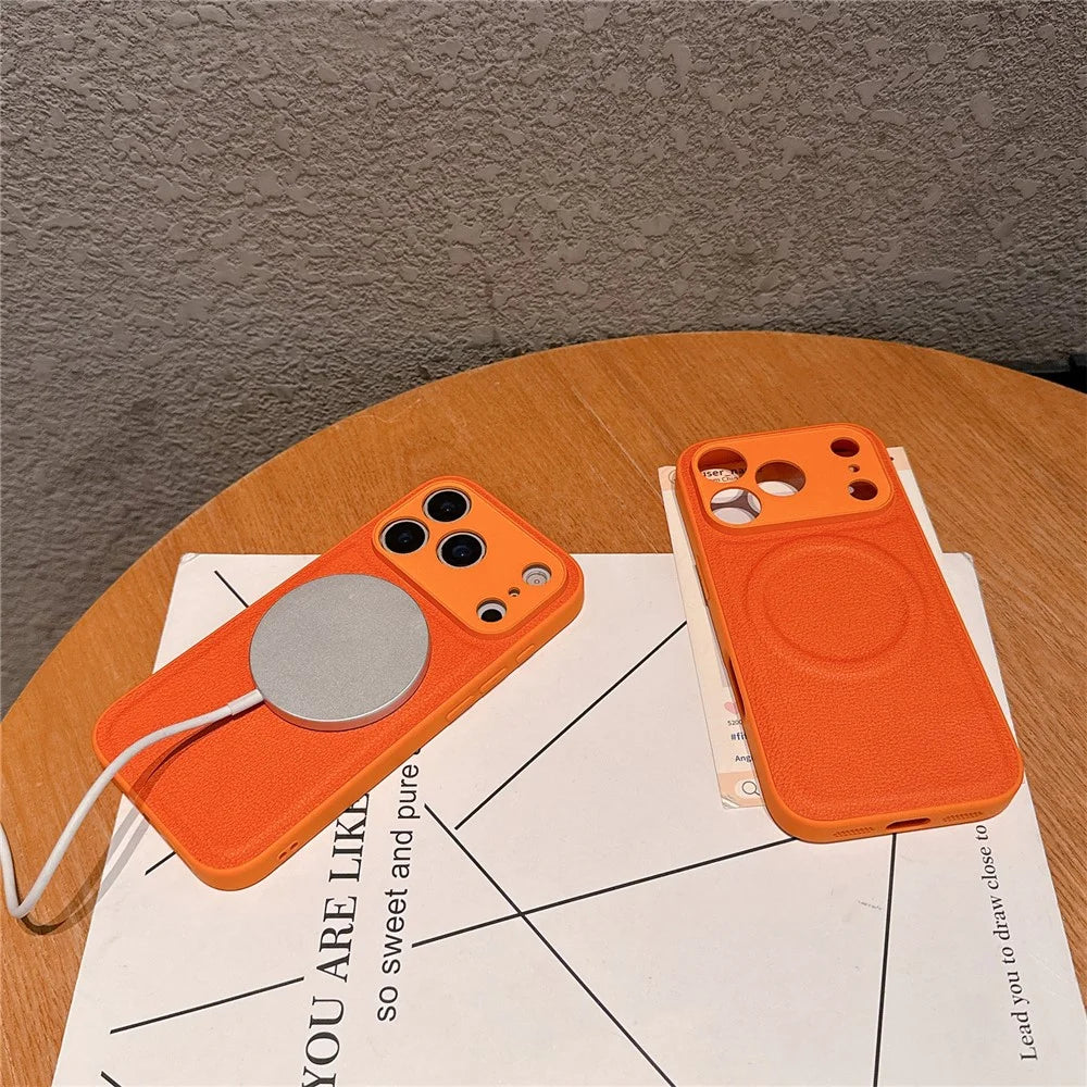 For iPhone 17 Pro Max Case Metal Lens Protection Leather Coated PC TPU Phone Cover Compatible with MagSafe - Orange - 3