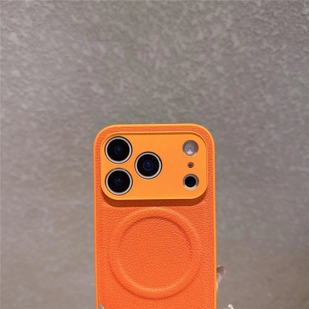For iPhone 17 Pro Max Case Metal Lens Protection Leather Coated PC TPU Phone Cover Compatible with MagSafe - Orange - 5
