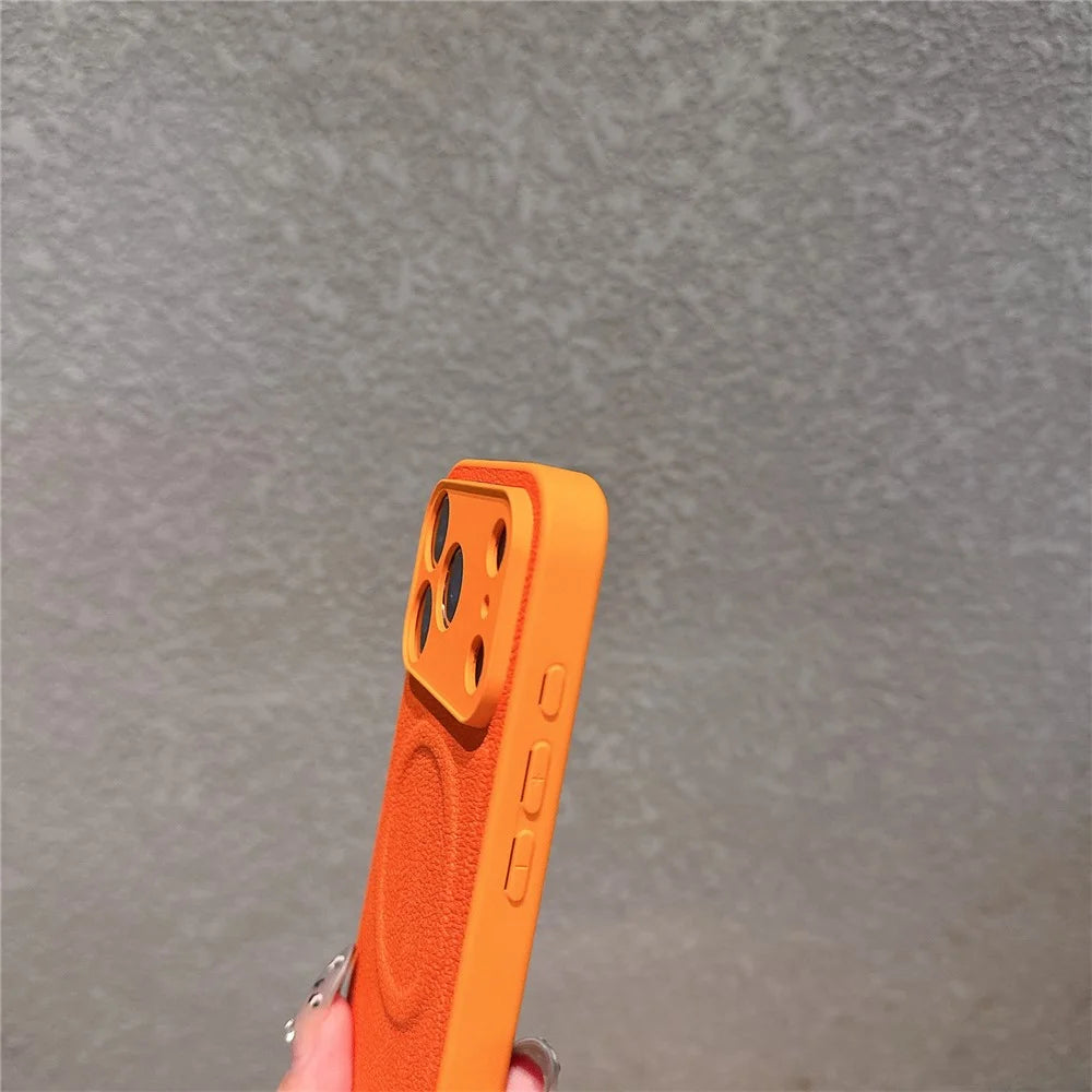 For iPhone 17 Pro Max Case Metal Lens Protection Leather Coated PC TPU Phone Cover Compatible with MagSafe - Orange - 6