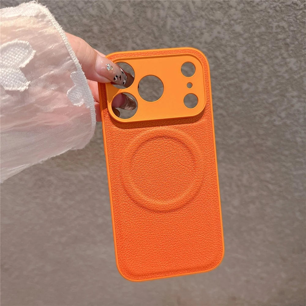 For iPhone 17 Pro Case Metal Lens Protection Leather Coated PC TPU Phone Cover Compatible with MagSafe - Orange - 4