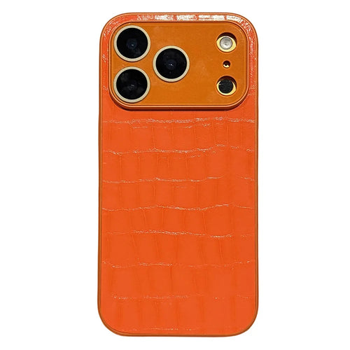 For iPhone 17 Pro Case Large Window Crocodile Texture Leather + TPU Phone Cover with PC Lens Film - Orange - 1
