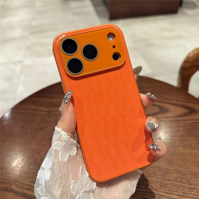 For iPhone 17 Pro Case Large Window Crocodile Texture Leather + TPU Phone Cover with PC Lens Film - Orange - 2