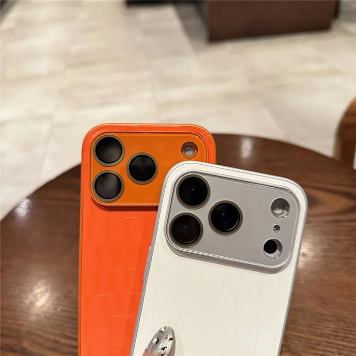 For iPhone 17 Pro Case Large Window Crocodile Texture Leather + TPU Phone Cover with PC Lens Film - Orange - 3