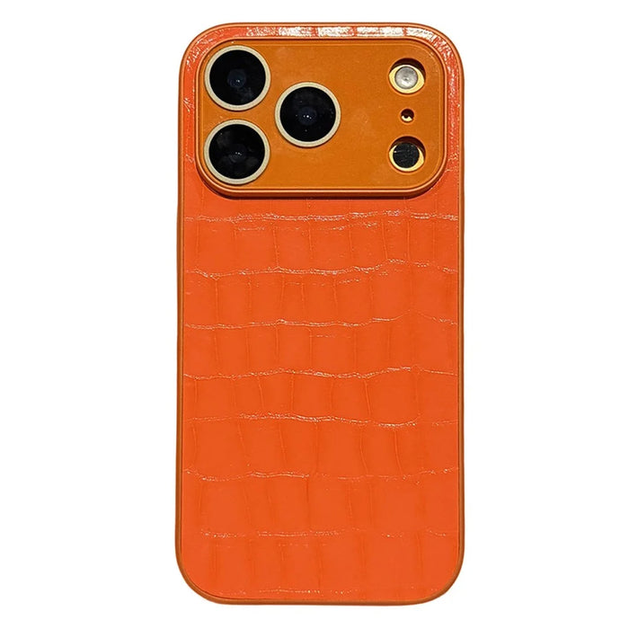 For iPhone 17 Pro Max Case Large Window Crocodile Texture Leather + TPU Phone Cover with PC Lens Film - Orange - 1