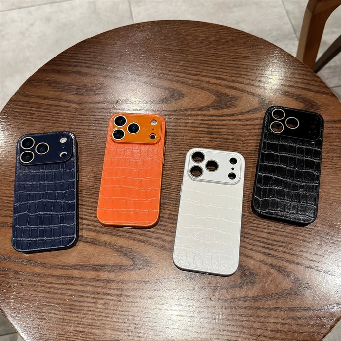 For iPhone 17 Pro Max Case Large Window Crocodile Texture Leather + TPU Phone Cover with PC Lens Film - Orange - 7