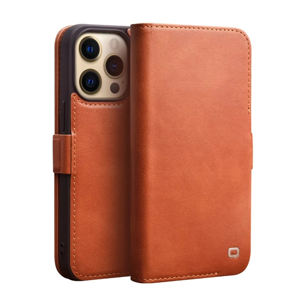 QIALINO For iPhone 14 Pro Fall-Proof Business Style Magnetic Closure Genuine Leather Flip Cover Wallet Stand Phone Case - Brown - 1