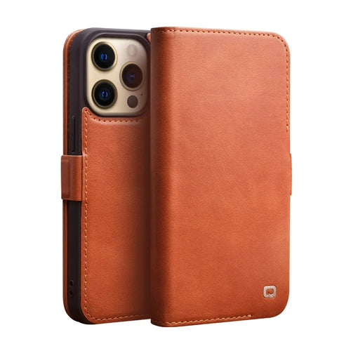 QIALINO For iPhone 14 Pro Fall-Proof Business Style Magnetic Closure Genuine Leather Flip Cover Wallet Stand Phone Case - Brown - 1