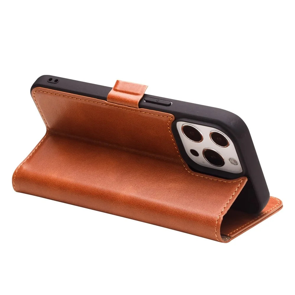 QIALINO For iPhone 14 Pro Fall-Proof Business Style Magnetic Closure Genuine Leather Flip Cover Wallet Stand Phone Case - Brown - 3
