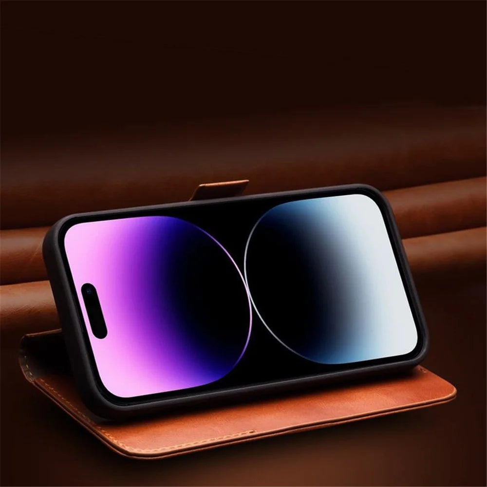 QIALINO For iPhone 14 Pro Fall-Proof Business Style Magnetic Closure Genuine Leather Flip Cover Wallet Stand Phone Case - Brown - 4